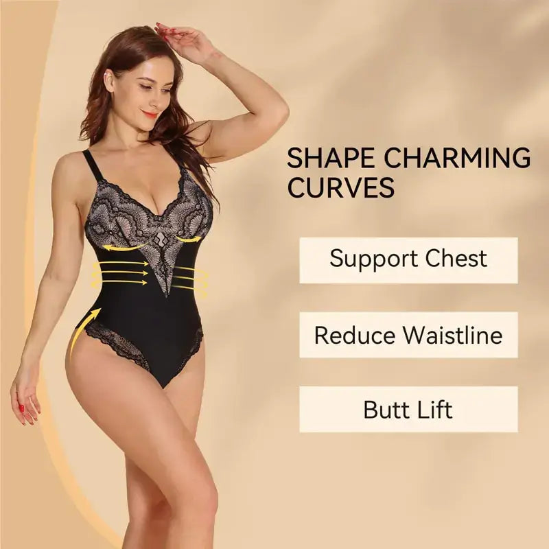 Lace shapewear bodysuit with delicate lace detailing, breathable fabric, adjustable straps, and targeted compression for a smooth, flattering fit.