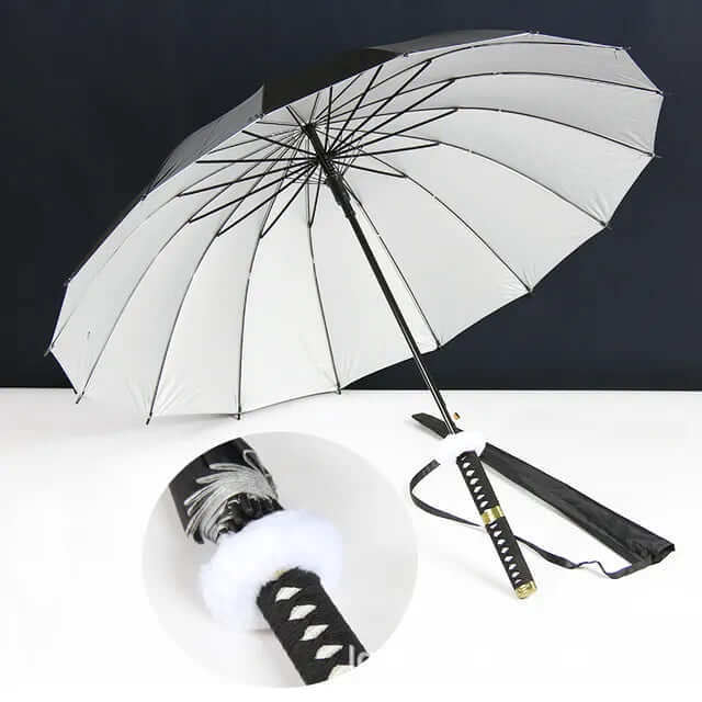 Samurai Sword Umbrella with windproof canopy and Katana-inspired handle for stylish, superior rain protection.