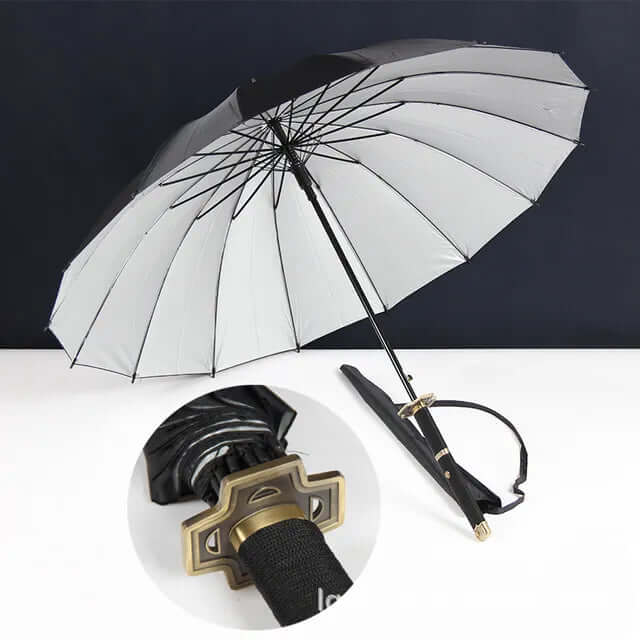 Samurai Sword Umbrella with windproof canopy and Katana-inspired handle for stylish, superior rain protection.