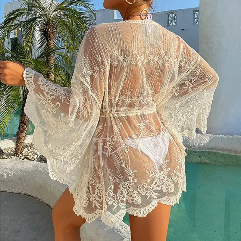 Bikini cover-up lace hollow crochet swimsuit beach dress, versatile, elegant design, perfect for lounging or beachside glamour.