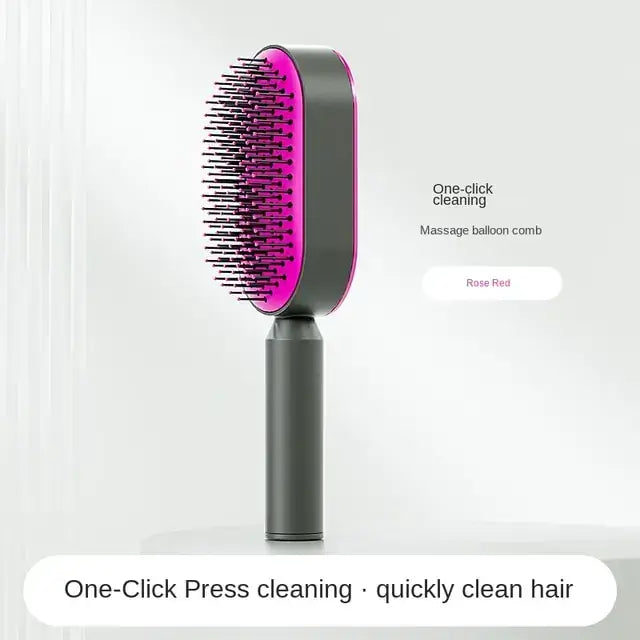 Self-cleaning hairbrush for women with airbag massage function, effortlessly detangling hair, leaving the brush fresh for every use.