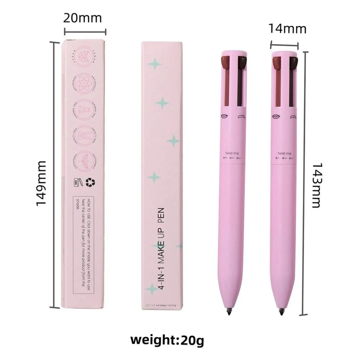 4-in-1 GlamPen for eyeliner, eyebrow pencil, lip liner, and highlighter, offering portable and effortless makeup application with a radiant glow.