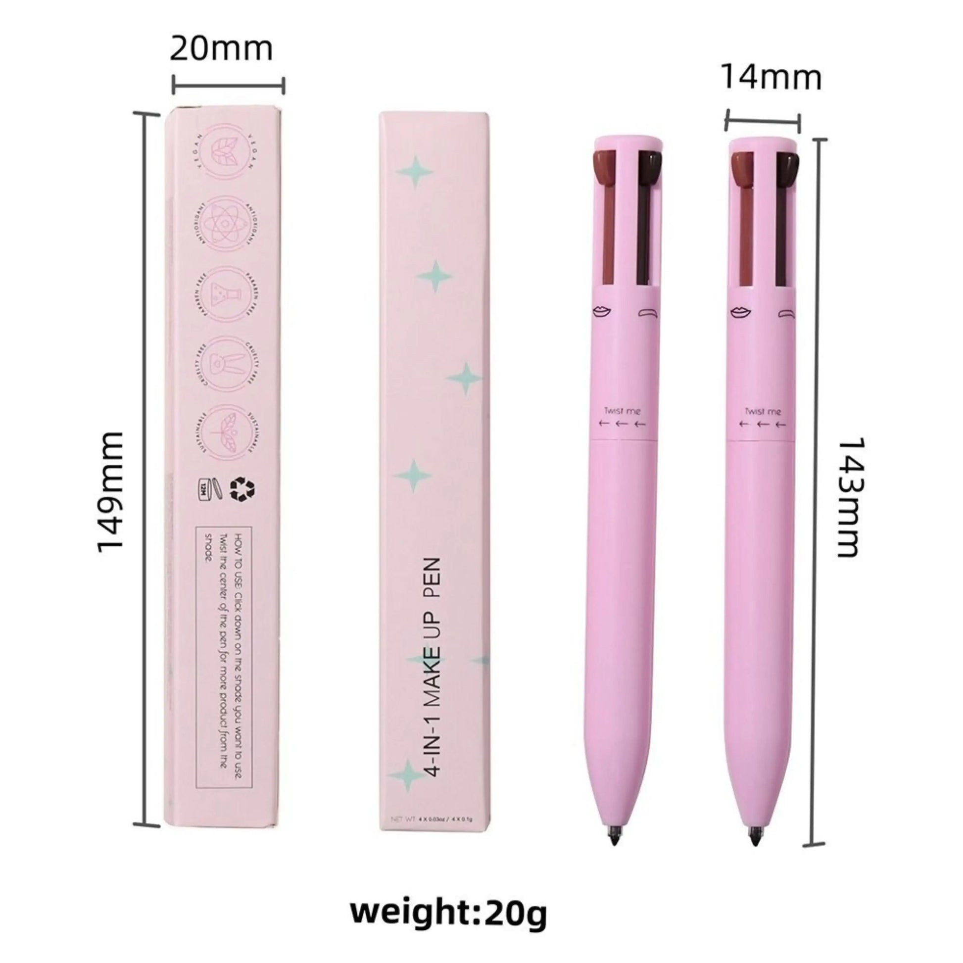 4-in-1 GlamPen for eyeliner, eyebrow pencil, lip liner, and highlighter, offering portable and effortless makeup application with a radiant glow.