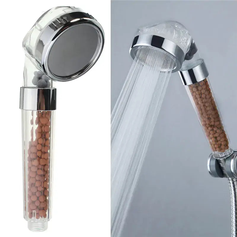 Bathroom water therapy shower head with negative ions, bioactive filtration, and eco-friendly design.