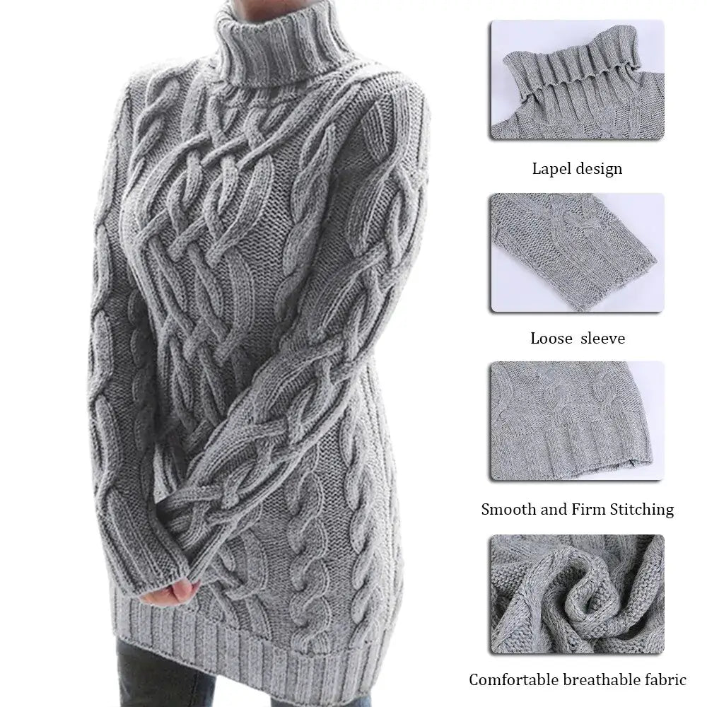 Turtleneck twist knitted sweater dress with long sleeves, cozy fit, available in 5 colors, includes fun stickers for personal styling.