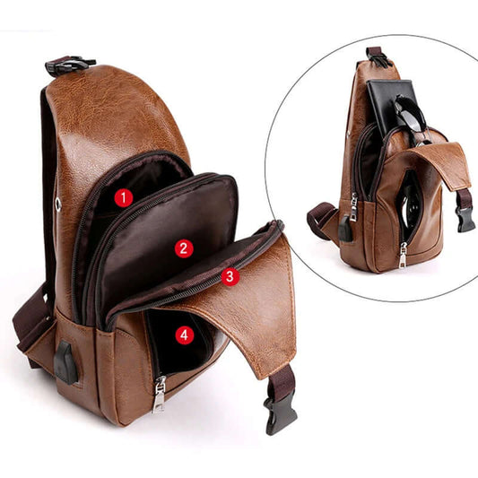 Business Sling Bag in Light Brown with multiple compartments, showcasing interior space and tablet pocket for stylish organization.