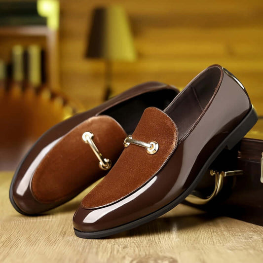 Elegant brown leather business casual shoes with metal accent, ideal for modern men. Available in various colors and sizes.
