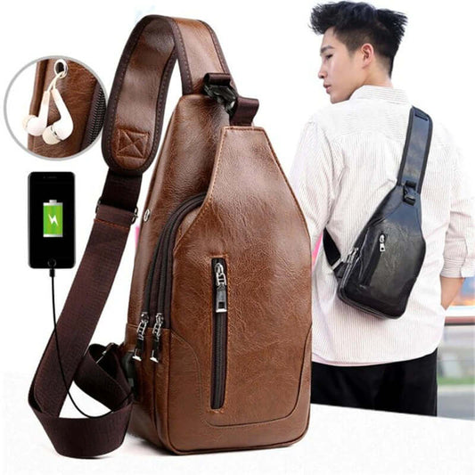 Stylish business sling bag in brown and black, perfect for men. Features earphone hole and USB charging port for functionality.