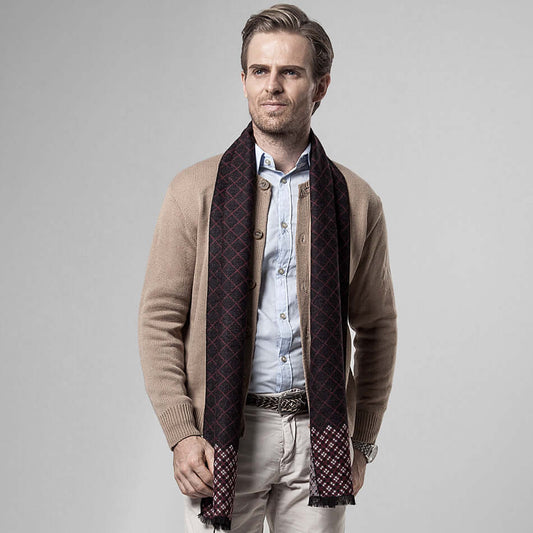 Man wearing a Classic Plaid Warm Scarf, perfect for cold weather, combining warmth and fashionable style for winter.