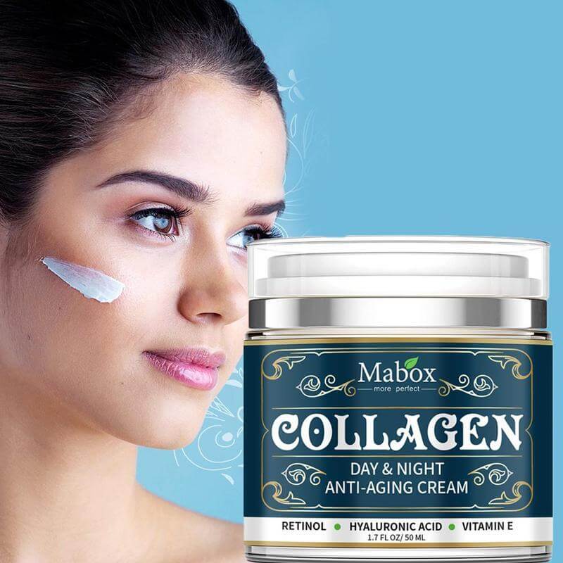 Woman applying Collagen Face Moisturizer for day and night hydration, featuring hyaluronic acid and vitamin E for vibrant skin.