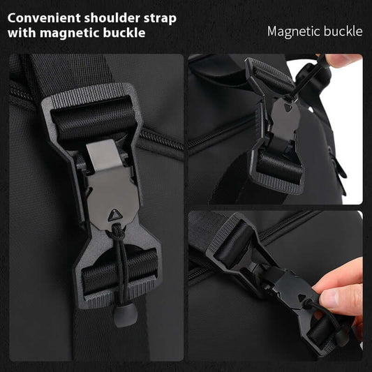 Close-up of magnetic buckles on a Crossbody Multifunctional Bag's adjustable shoulder strap, featuring smooth adjustable clips.