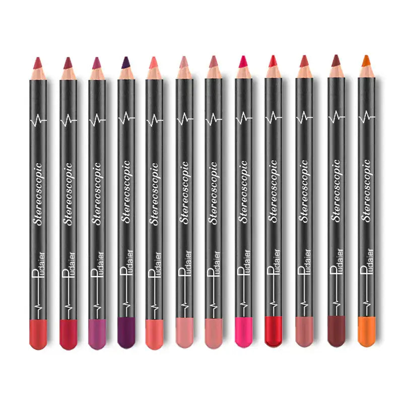 12 Colors Lip Liner Pencil set with nude matte, moisturizing, waterproof, and long-lasting shades for flawless lip makeup.