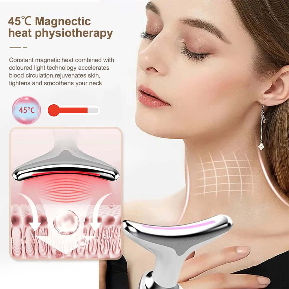 Neck Face Lifting Massager with EMS technology and LED therapy tightens skin, reduces wrinkles, and improves complexion.