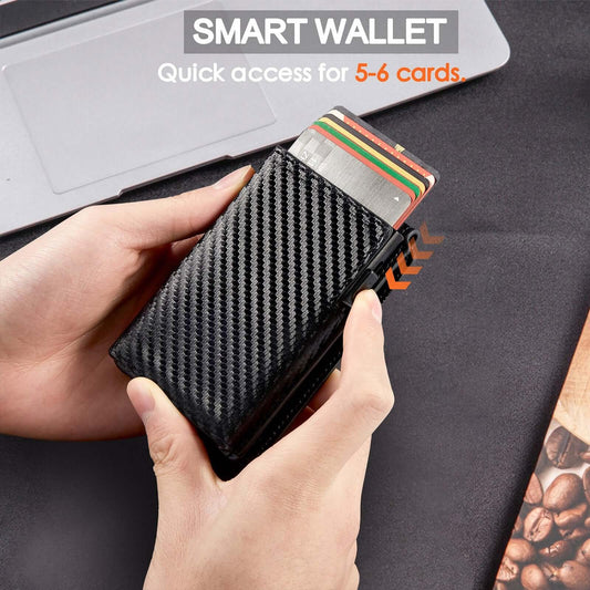 Flip Card Holder Wallet featuring sleek black carbon fiber design, offering quick access to 5-6 cards, held in hands.