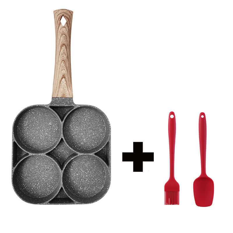 Four Hole Frying Pan with non-stick surface and dual kitchen utensils for efficient cooking.