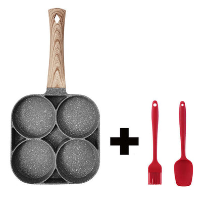 Four Hole Frying Pan with non-stick surface and dual kitchen utensils for efficient cooking.