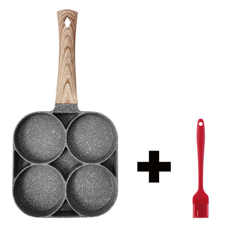 Four Hole Frying Pan with wooden handle and red silicone brush for versatile cooking.
