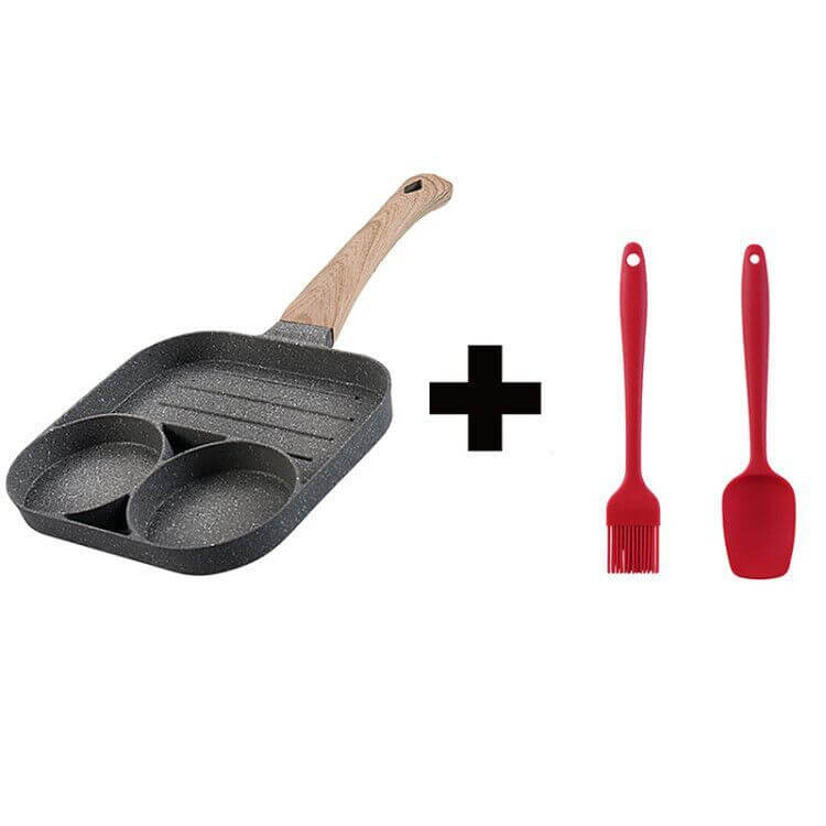 Four Hole Frying Pan with complimentary silicone spatula and brush for versatile cooking.