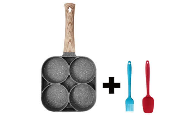 Four Hole Frying Pan with wooden handle and silicone spatula set, perfect for cooking multiple dishes at once.