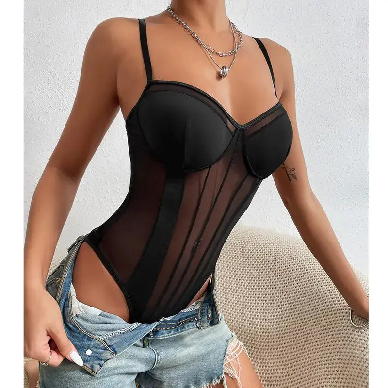 Deep V-neck see-through bodysuit shapewear, padded push-up bra, sculpting waist trainer, enhances curves with chic, sultry confidence.