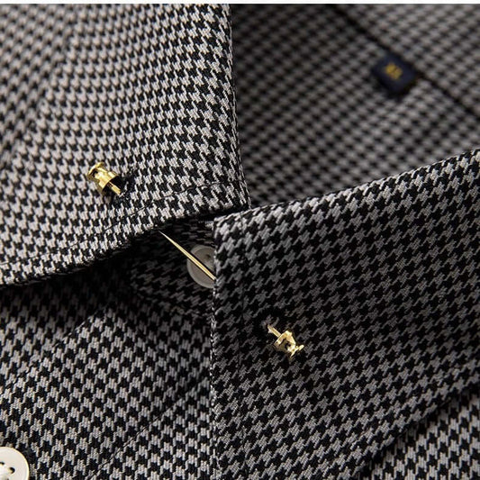 Close-up of Gentleman Plaid Fashion Shirt collar showcasing detailed pattern and buttons for stylish sophistication.