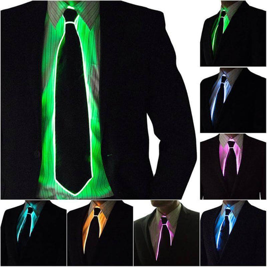 "Glowing Neckties in various colors lighting up, perfect for parties and events. Stand out with these vibrant, attention-grabbing accessories."