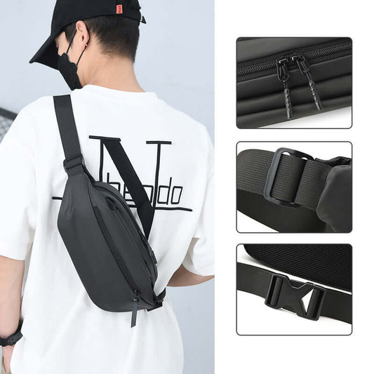 Black high capacity waist bag shown worn by a person, featuring close-up views of zipper and buckle details.