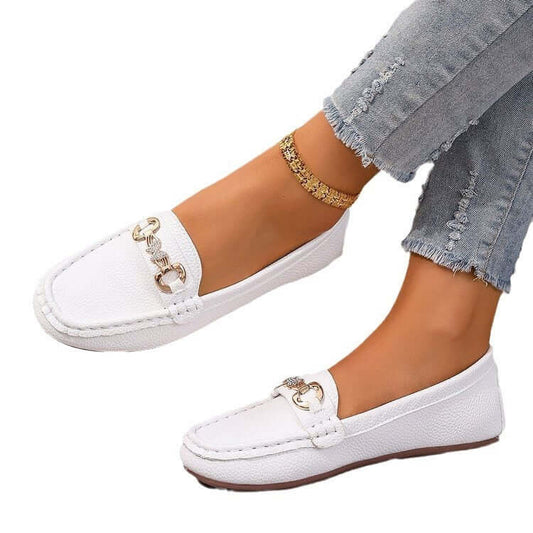 Ladies Comfortable Loafers in white, featuring solid color design, perfect for any outfit. Low top artificial PU material, stylish and versatile.