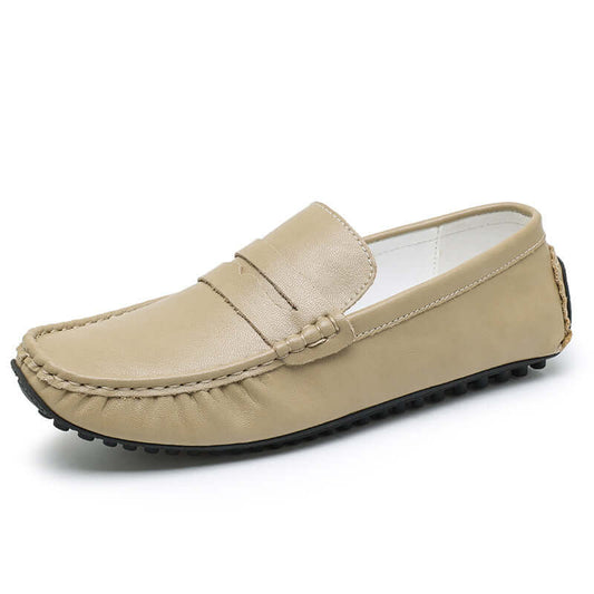 Khaki Leather Gommino Driving Shoes with durable rubber sole for elegance and comfort, featuring a tall crown and solid color design.