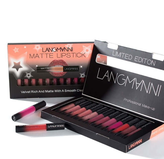 Lipsticks Matte Colors set featuring 12-piece waterproof matte collection with rich, velvety textures for long-lasting wear.