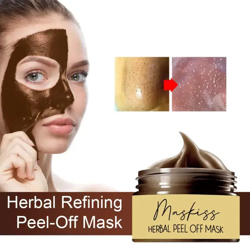 Herbal refining peel-off mask for exfoliating, detoxifying, and refining pores for smoother, radiant, and refreshed skin.