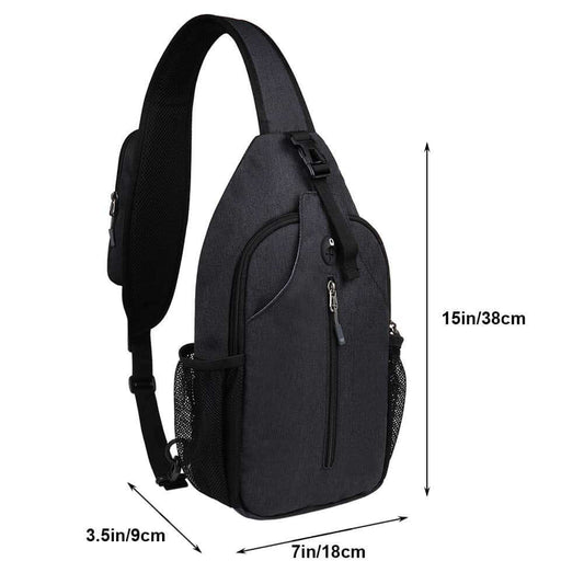 Black Outdoor Crossbody Shoulder Bag with dimensions, durable nylon material, ideal for any outdoor excursion
