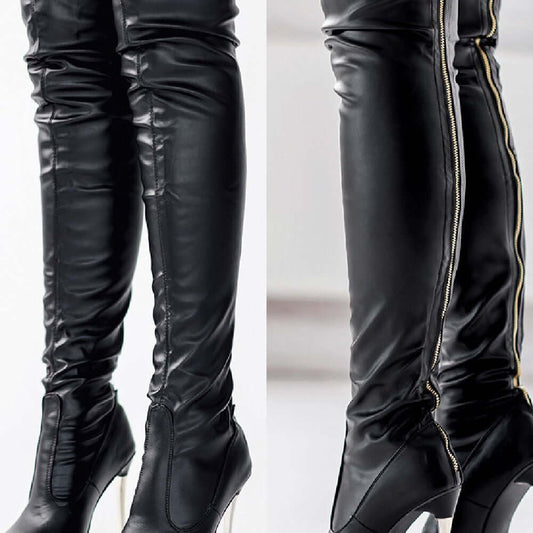 Stylish Over the Knee High Heels Boots in black faux leather with zipper detail, perfect for women looking for fashion-forward footwear.