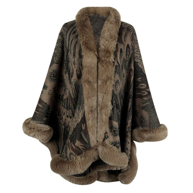 Luxurious patterned shawl with faux fur trim, perfect for winter style and warmth.
