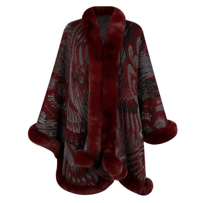 Elegant patterned shawl in burgundy and gray, perfect for adding warmth and style to any winter outfit.