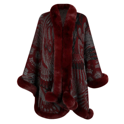Elegant patterned shawl in burgundy and gray, perfect for adding warmth and style to any winter outfit.