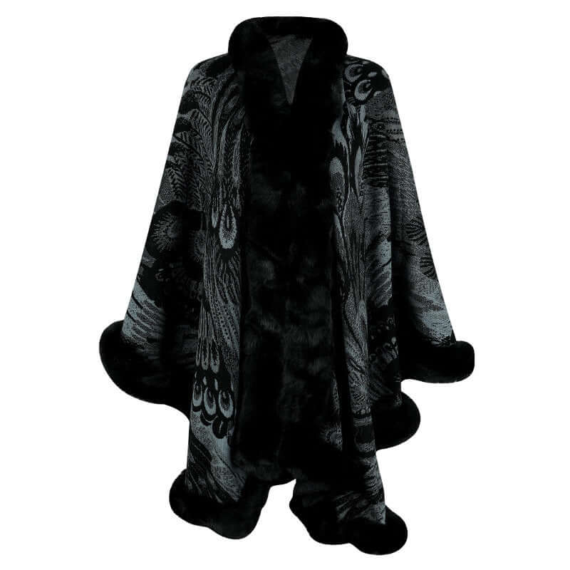 Stylish Patterned Shawl featuring intricate dark designs, perfect for adding warmth and flair to any winter outfit.