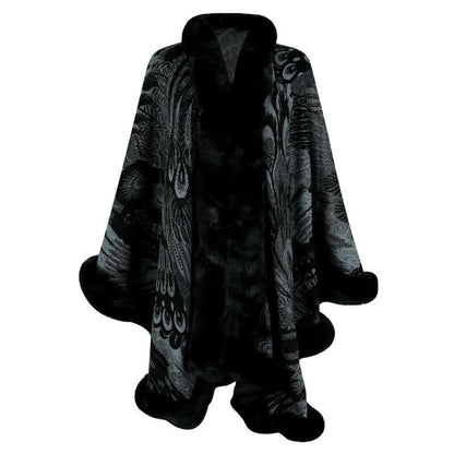 Stylish Patterned Shawl featuring intricate dark designs, perfect for adding warmth and flair to any winter outfit.