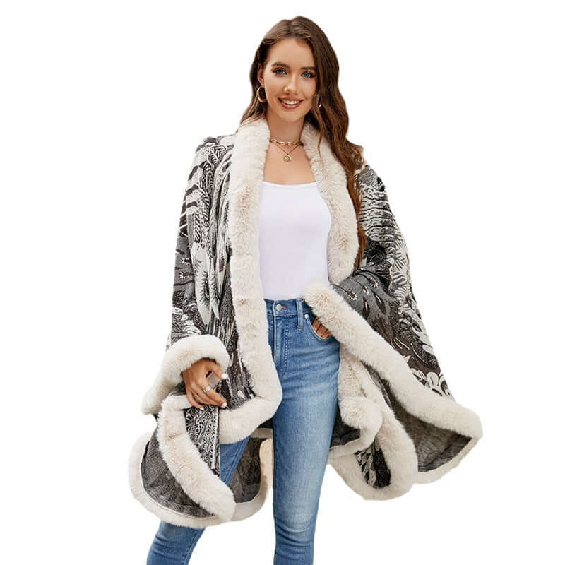 Fashionable woman in a stylish patterned shawl with fur lining, perfect for winter warmth and casual elegance.