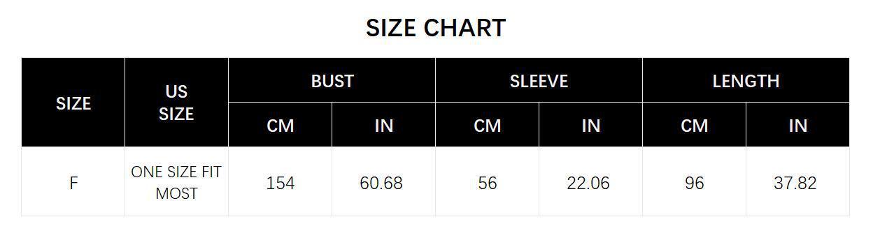 Size chart for the patterned shawl including US size, bust, sleeve, and length measurements.
