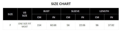 Size chart for the patterned shawl including US size, bust, sleeve, and length measurements.