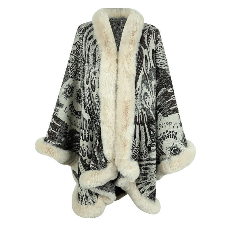 Elegant patterned shawl with faux fur trim, perfect for adding style and warmth to your winter wardrobe.
