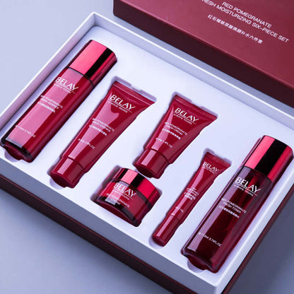 Luxurious red pomegranate skin care cream set with cleanser and brightening water. Moisturizes and softens for luscious skin texture.