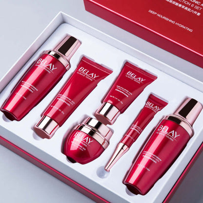 Luxurious skin care creams set, featuring moisturizing and brightening products with hyaluronic acid, in a sleek red packaging.
