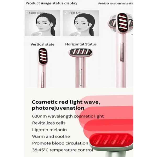 5-in-1 beauty wand with red/blue light therapy, microcurrent massage & heating for youthful, glowing skin and anti-aging effects.