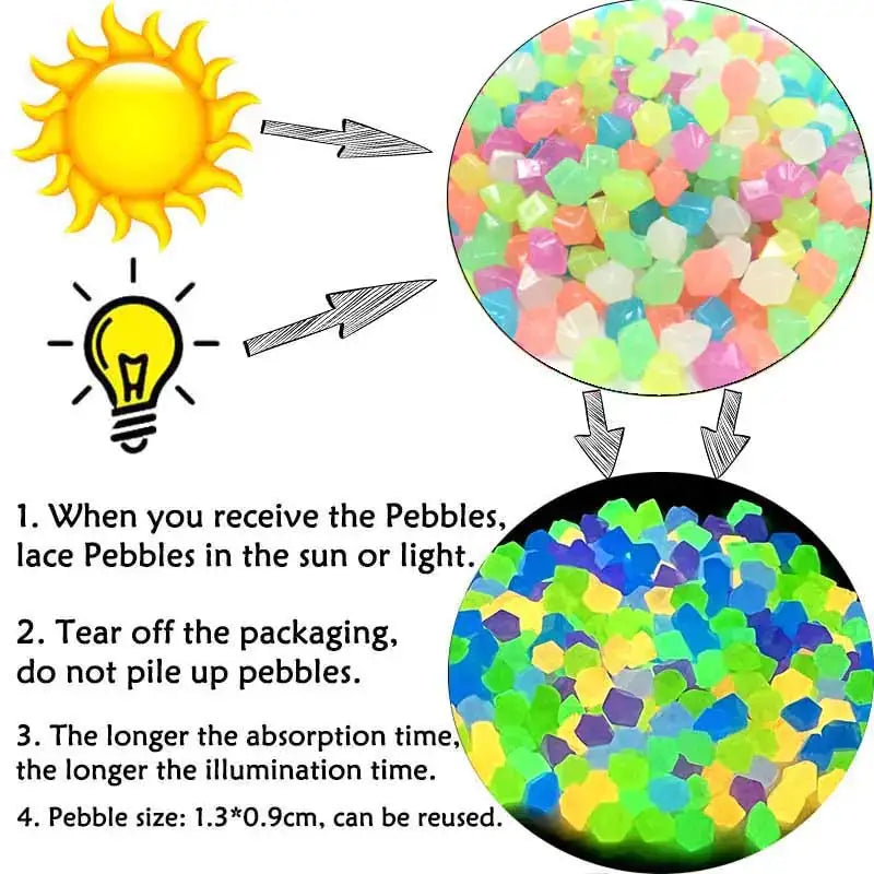 Luminous Stones: Glow-in-the-dark pebbles (8x10mm) for decor, durable plastic, sunlight-activated, 300-500 pcs per pack