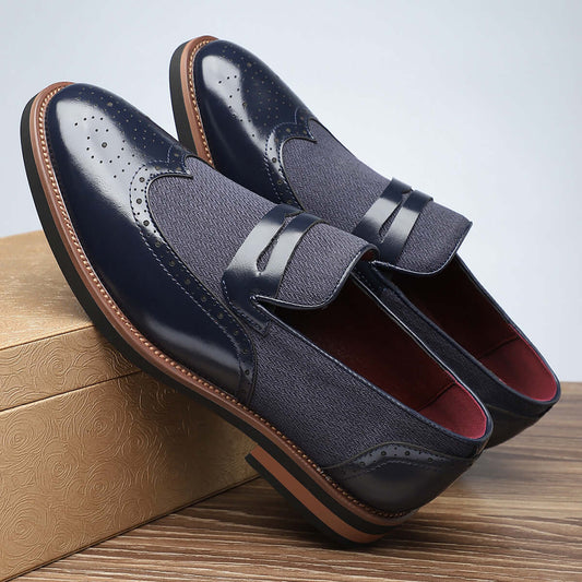 Men's Smart Casual Leather Shoes in blue, featuring a unique color-matching pattern and durable PU material, size range 39-48.
