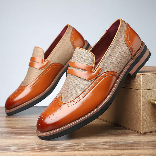 Smart Casual Leather Shoes in tan and beige with unique pattern, ideal for contemporary style. Durable artificial PU material, sizes 39-48.