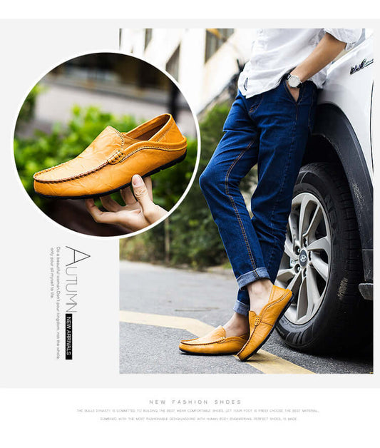 Soft Bottom Leather Loafers in yellow brown, showcased outdoors with casual jeans, highlighting comfort and style.