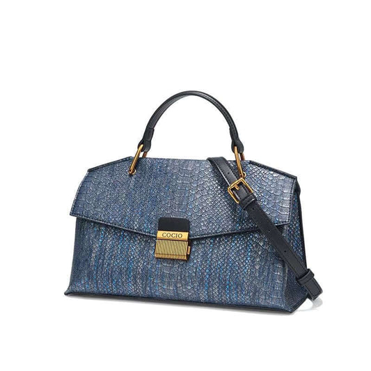 Elegant Ladies Leather Handbag in blue composite cowhide with gold clasp and shoulder strap, perfect for daily use.